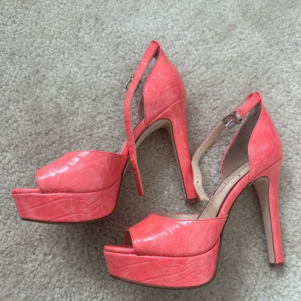 Coral crocodile heels